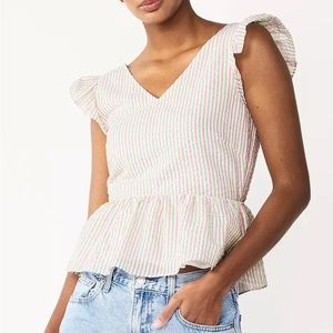 Draper James Pink and Green Striped Peplum Ruffle Sleeve Top